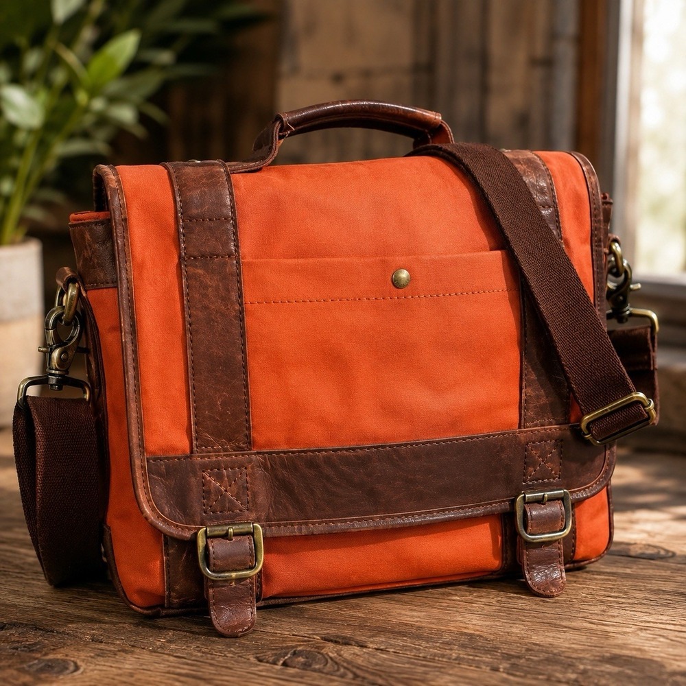 Fossil Canvas Leather Trim Laptop Briefcase Crossbody Orange Bag Brass Hardware